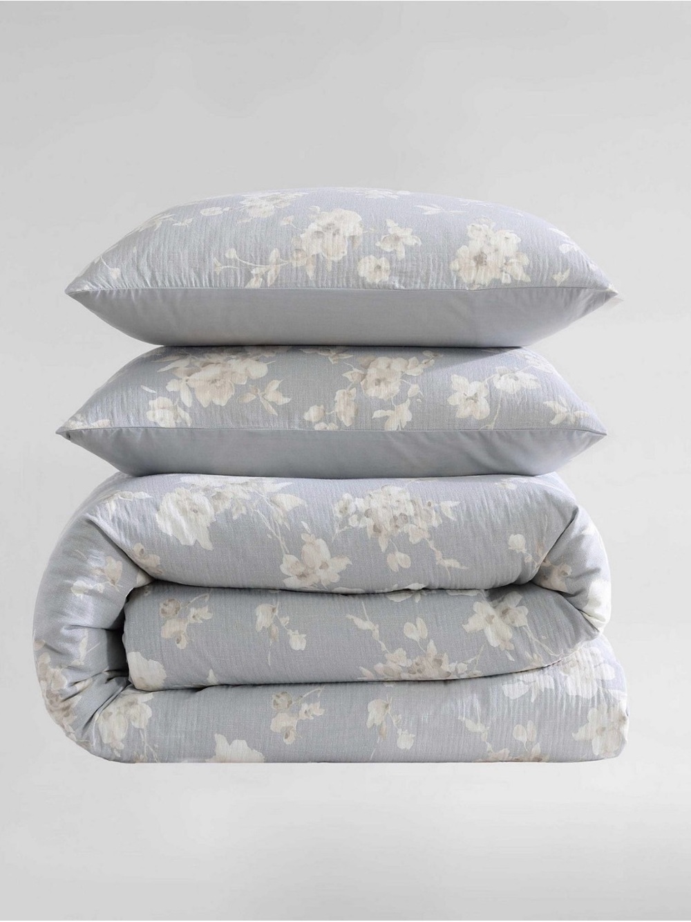 Calvin Klein Duvet Cover Set Queen Light Gray/Ivory Floral Cotten Gauze - Picture 6 of 12